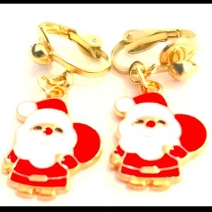 1" Christmas Holiday Gold Red Sack Santa Dangle Clip-on Earrings